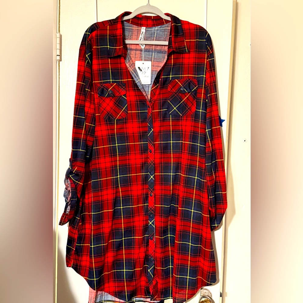 White Mark Red Plaid Long Sleeve Dress